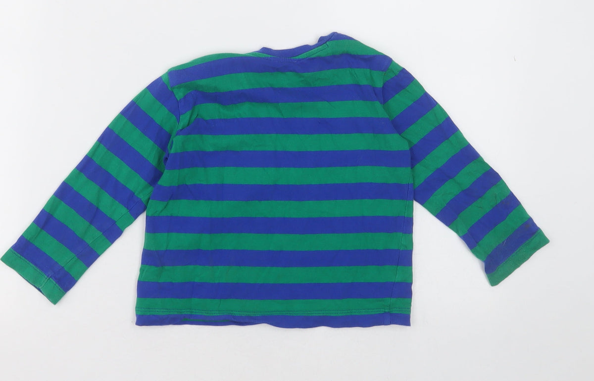 United Colours of Benetton Boys Green Striped Cotton Basic Casual Size 2-3 Years Crew Neck Pullover