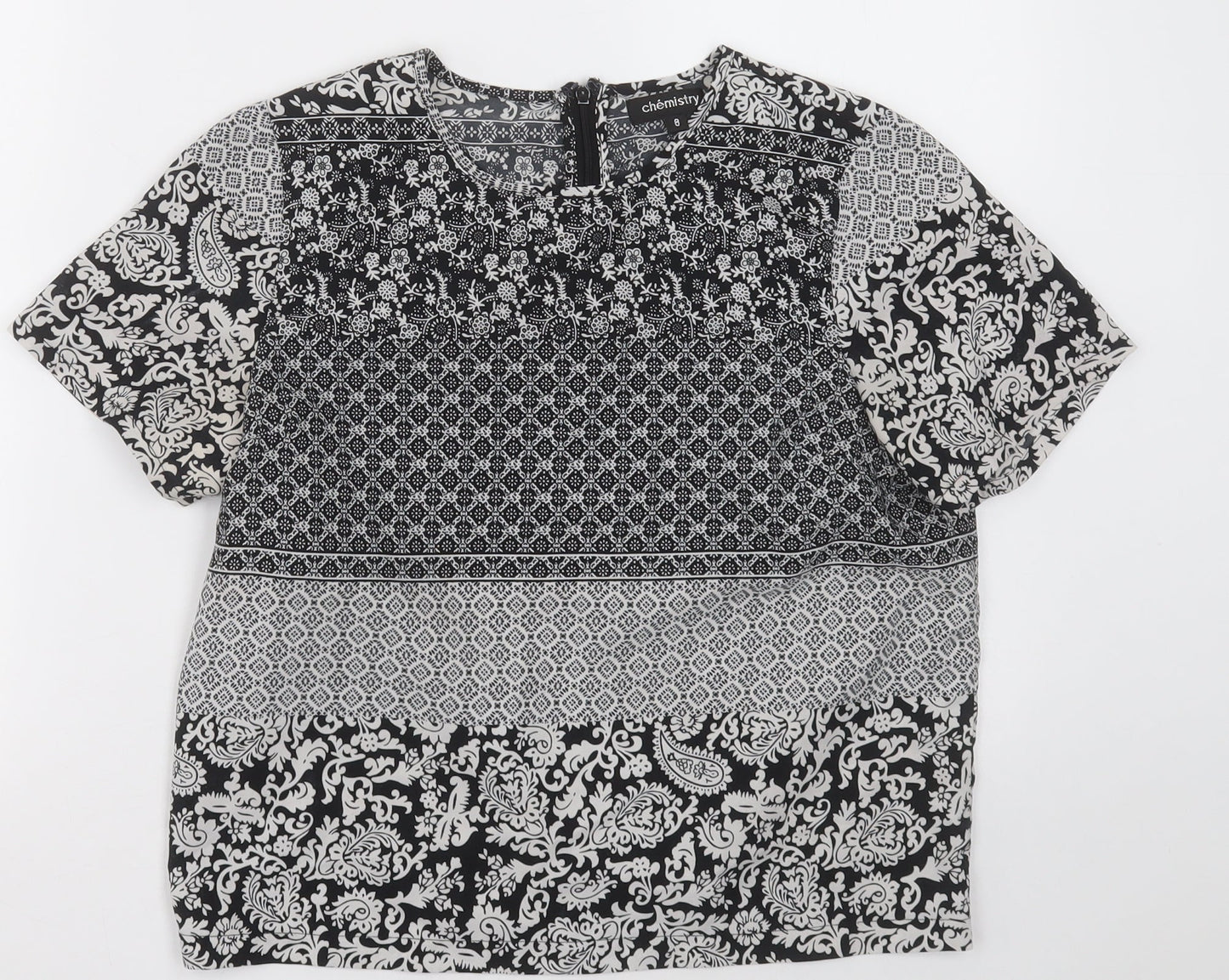 Chemsitry Womens Black Plaid Polyester Basic Blouse Size 8 Crew Neck