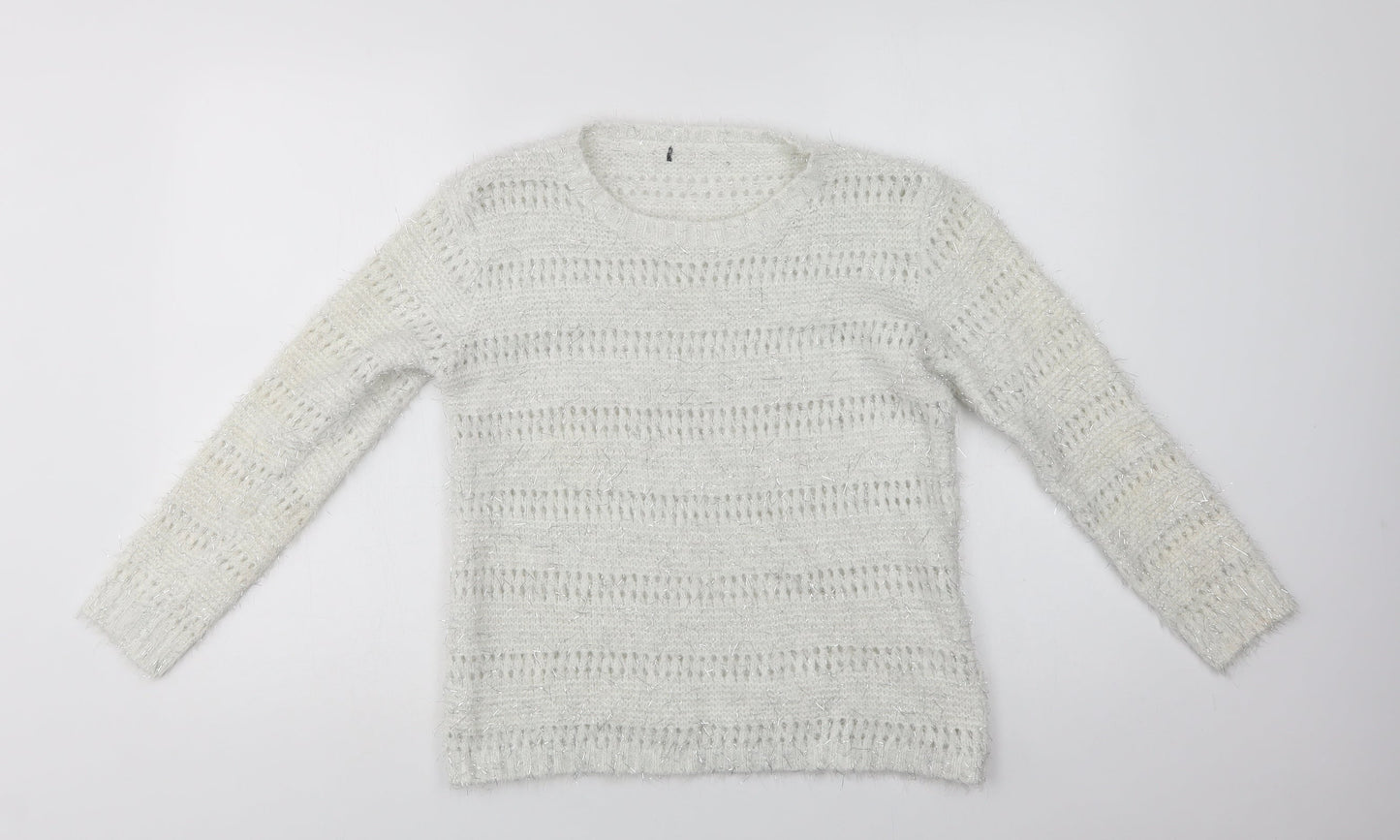 Quiz Womens White Crew Neck Striped Polyester Pullover Jumper Size M