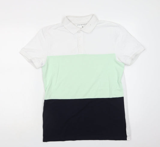 Primark Mens White Colourblock Cotton  Polo Size S Collared Button