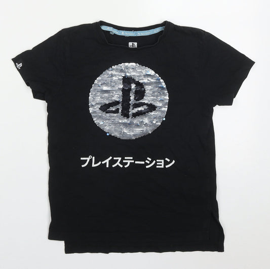 Primark Boys Black  Cotton Basic T-Shirt Size 7-8 Years Crew Neck Pullover - Playstation