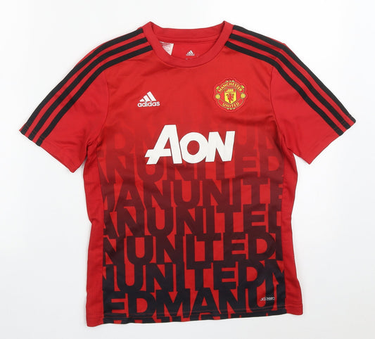 adidas Boys Red  Polyester Basic T-Shirt Size 11-12 Years Crew Neck Pullover - Manchester United