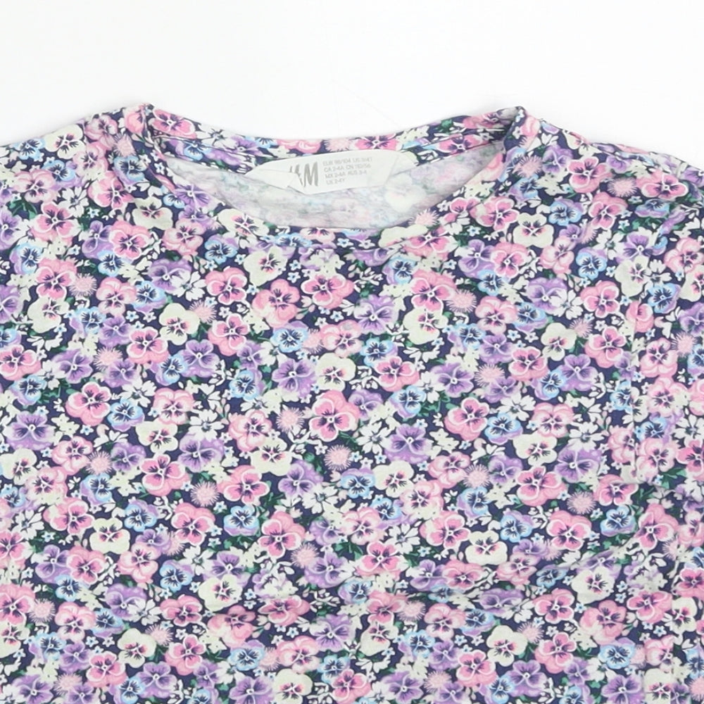 H&M Girls Multicoloured Floral Cotton Basic T-Shirt Size 2-3 Years Crew Neck Pullover
