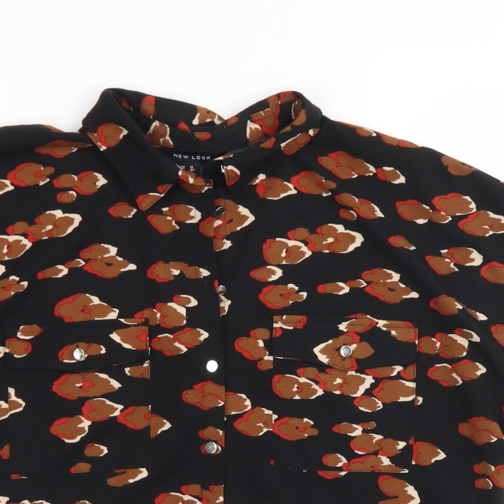 New Look Womens Black Animal Print Polyester Basic Button-Up Size 12 Collared