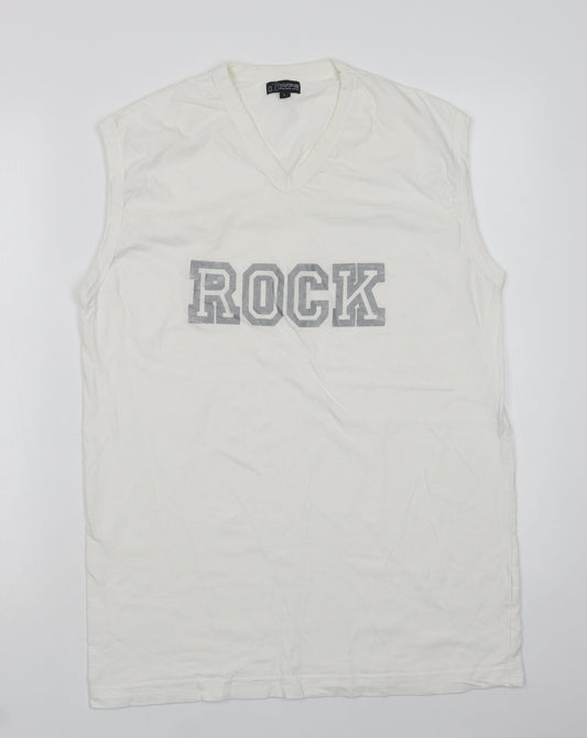 WPS Mens White  Cotton  T-Shirt Size L V-Neck  - Rock