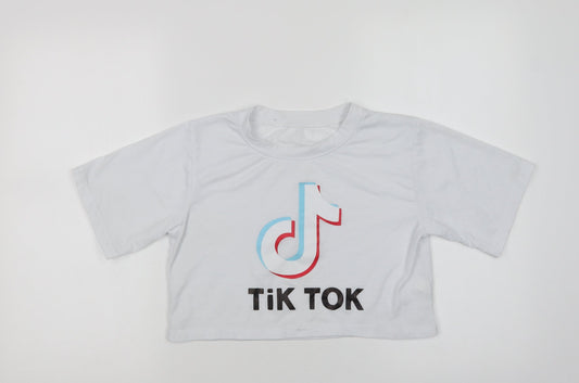 Preworn Womens White  Polyester Cropped T-Shirt Size XS Crew Neck - Tik Tok