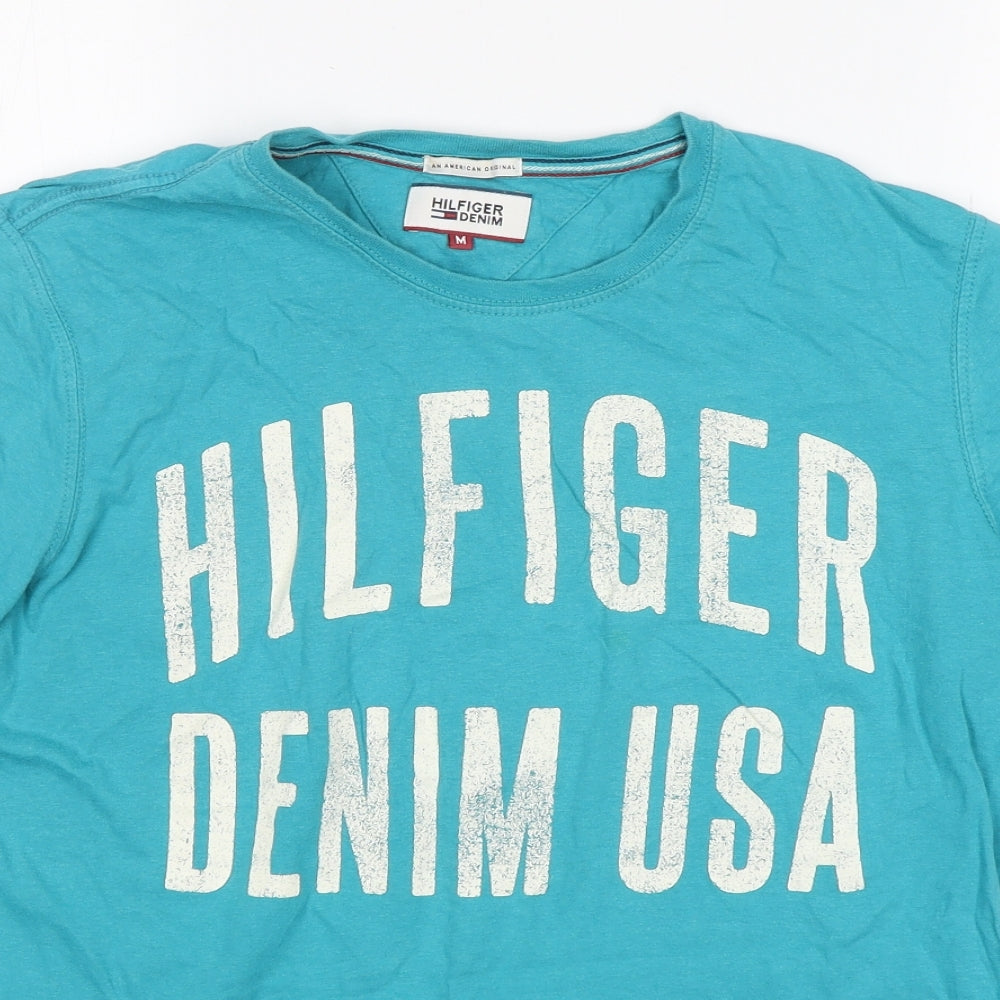 Hilfiger Denim Mens Green  Cotton  T-Shirt Size M Round Neck