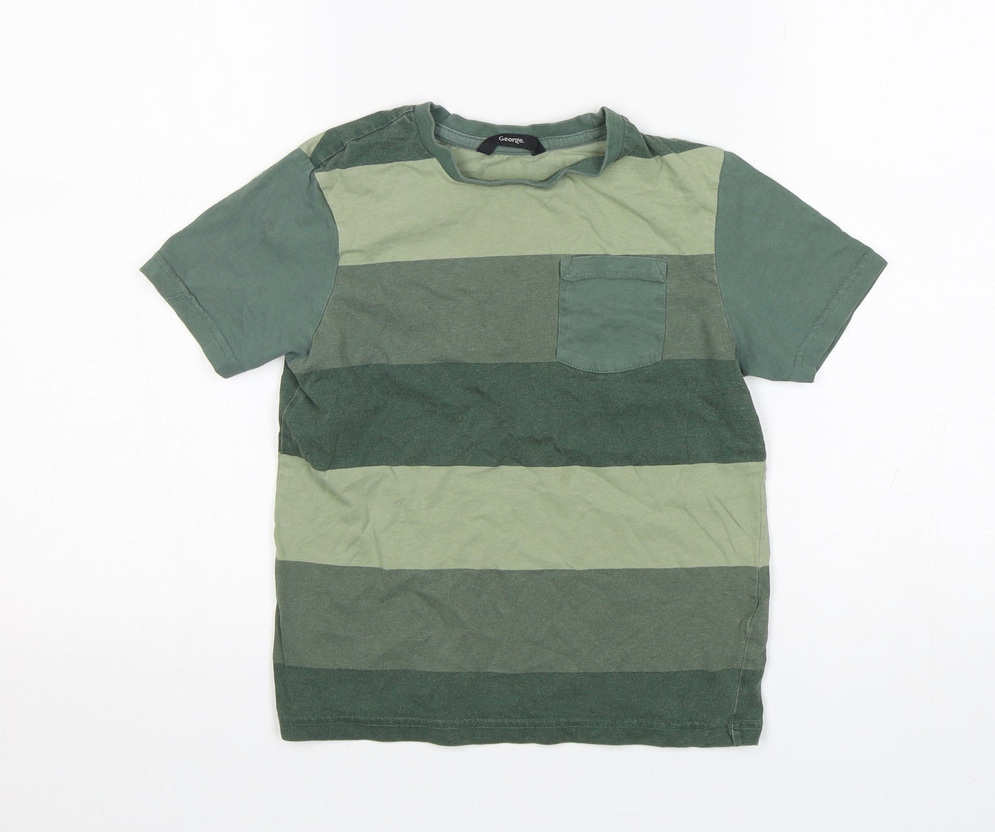 George Boys Green Striped Cotton Basic T-Shirt Size 7-8 Years Round Neck