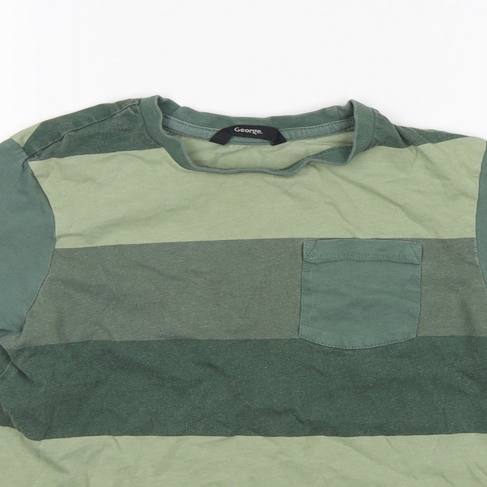 George Boys Green Striped Cotton Basic T-Shirt Size 7-8 Years Round Neck