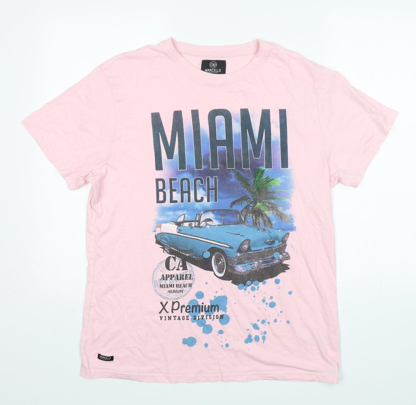 Marcello Mens Pink  Cotton  T-Shirt Size L Round Neck  - Miami Beach