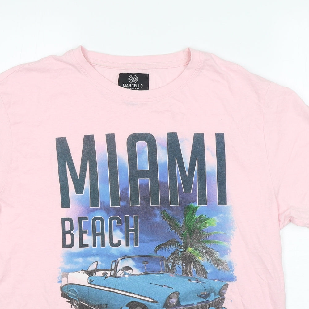 Marcello Mens Pink  Cotton  T-Shirt Size L Round Neck  - Miami Beach