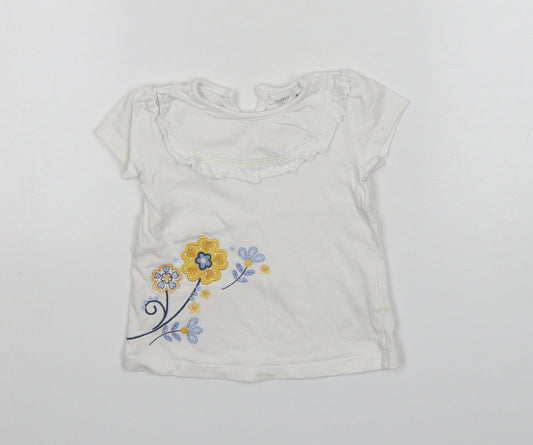 M&Co Girls White Floral Cotton Basic T-Shirt Size 6-9 Months Round Neck