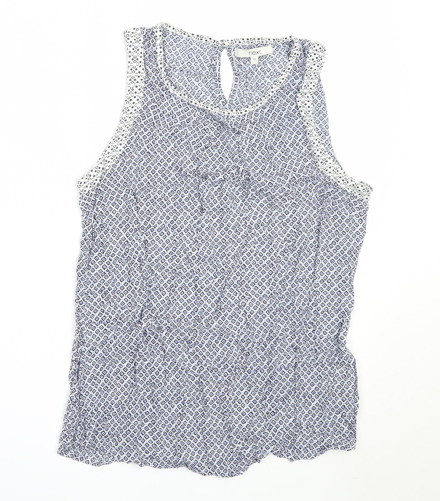 NEXT Womens Blue Geometric Viscose Basic Blouse Size 12 Round Neck