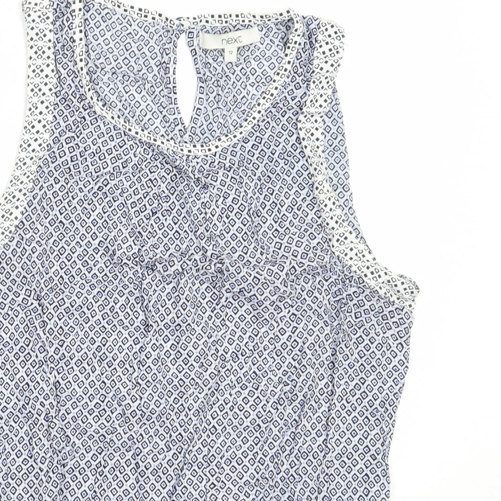 NEXT Womens Blue Geometric Viscose Basic Blouse Size 12 Round Neck