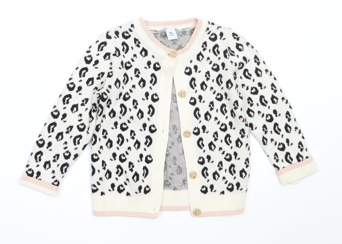 TU Girls Ivory Round Neck Animal Print Cotton Cardigan Jumper Size 2-3 Years
