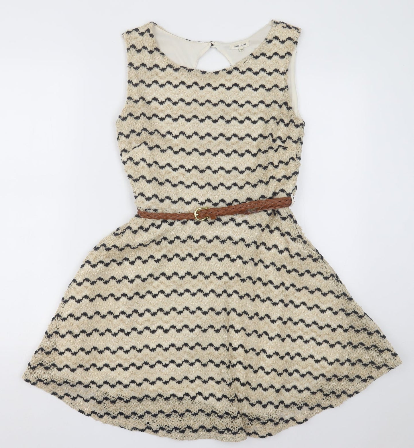 River Island Womens Beige Striped Polyester A-Line  Size 10  Crew Neck Button