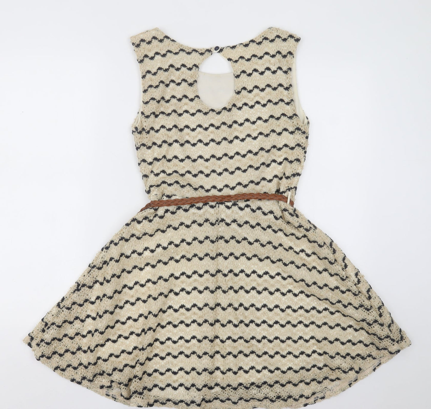 River Island Womens Beige Striped Polyester A-Line  Size 10  Crew Neck Button