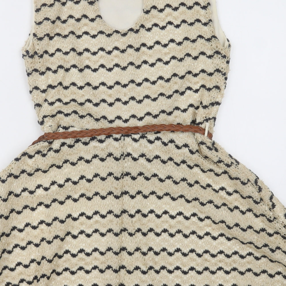 River Island Womens Beige Striped Polyester A-Line  Size 10  Crew Neck Button