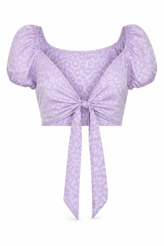 SHEIN Womens Purple Animal Print Polyester Cropped Blouse Size S Scoop Neck - Puff Sleeve