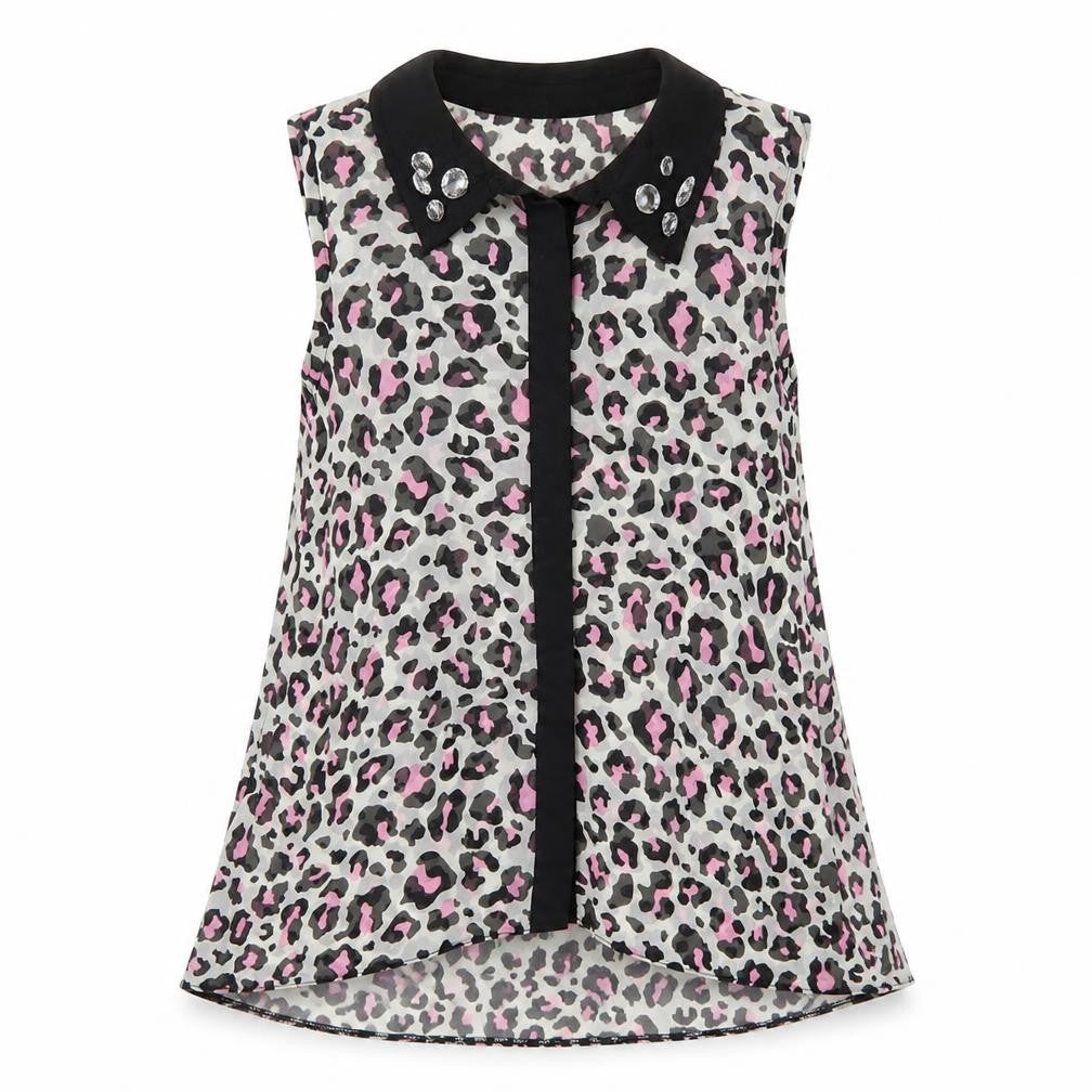 Candy Couture Girls Green Animal Print Polyester Basic Blouse Size 8-9 Years Collared Button