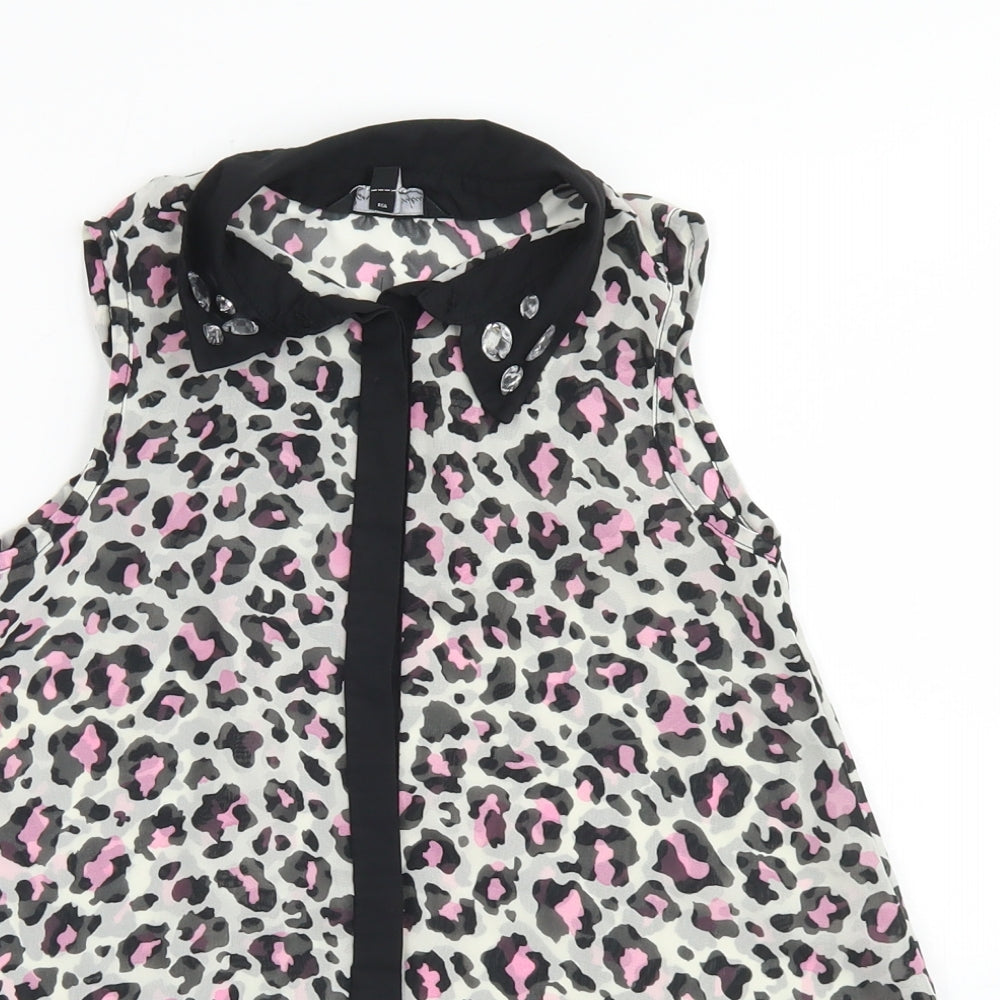Candy Couture Girls Green Animal Print Polyester Basic Blouse Size 8-9 Years Collared Button