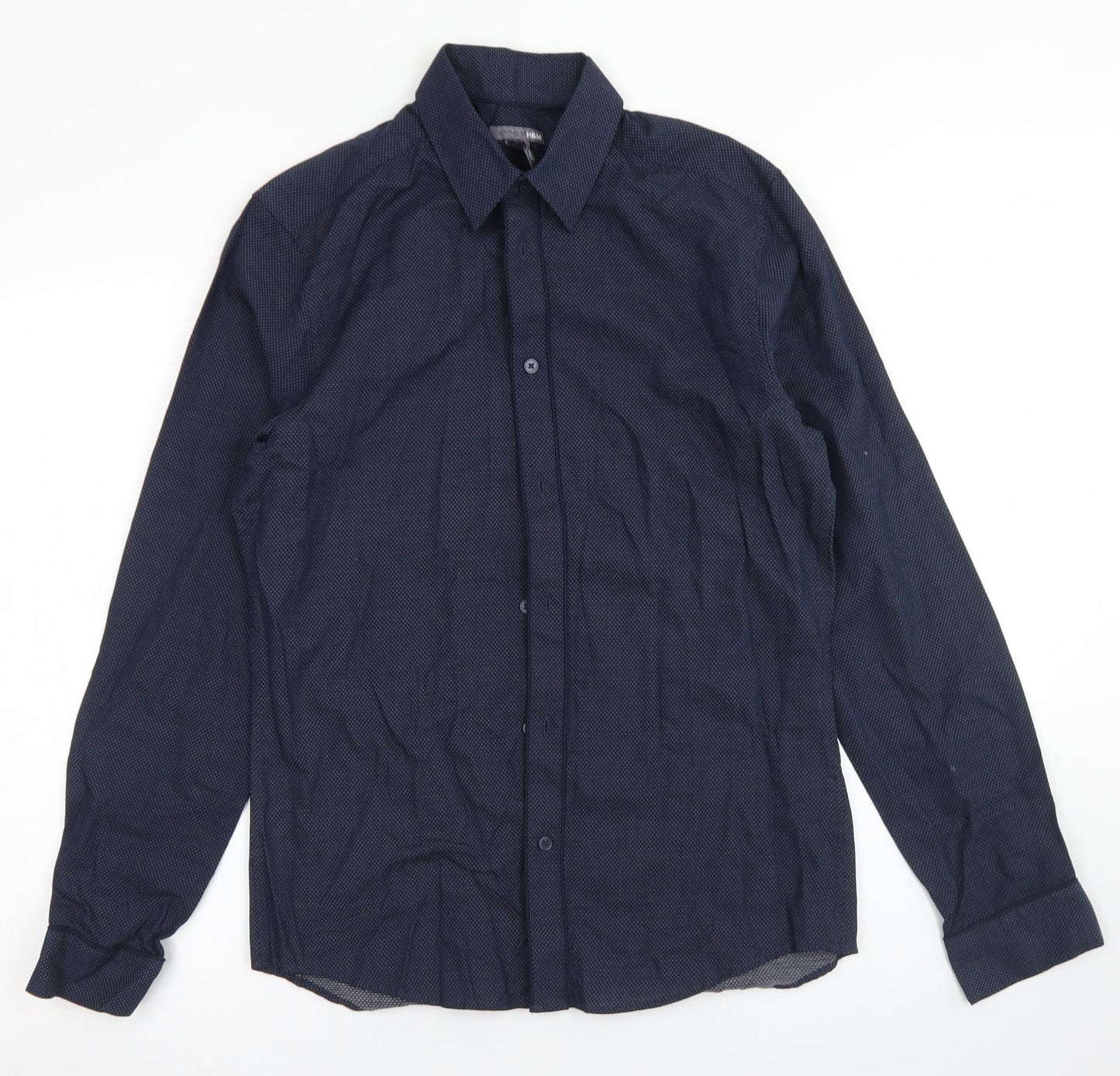 H&M Mens Blue Polka Dot Cotton  Button-Up Size S Collared Button