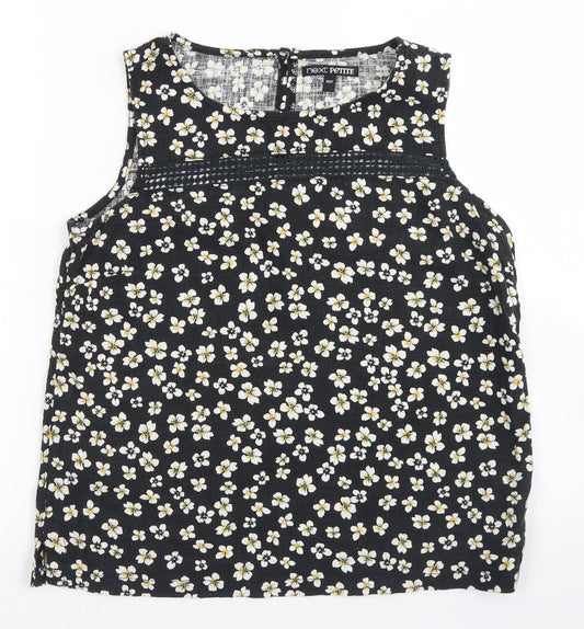 Next  Womens Black Floral Linen Basic Blouse Size 10 Round Neck