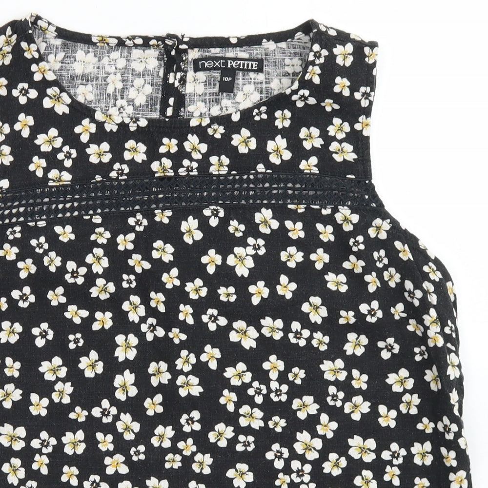Next  Womens Black Floral Linen Basic Blouse Size 10 Round Neck