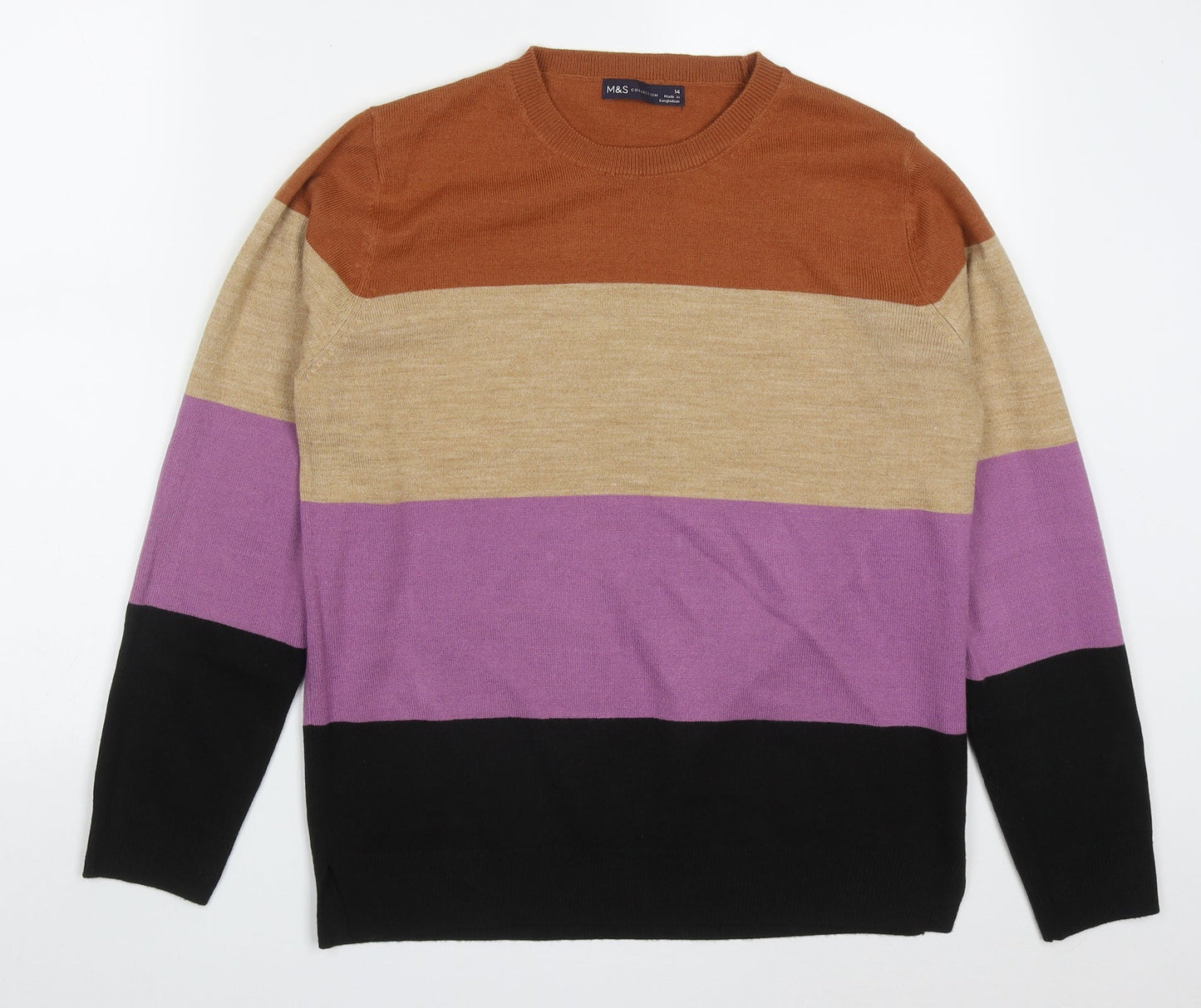 Marks and Spencer Womens Multicoloured Round Neck Striped Acrylic Pullover Jumper Size 14