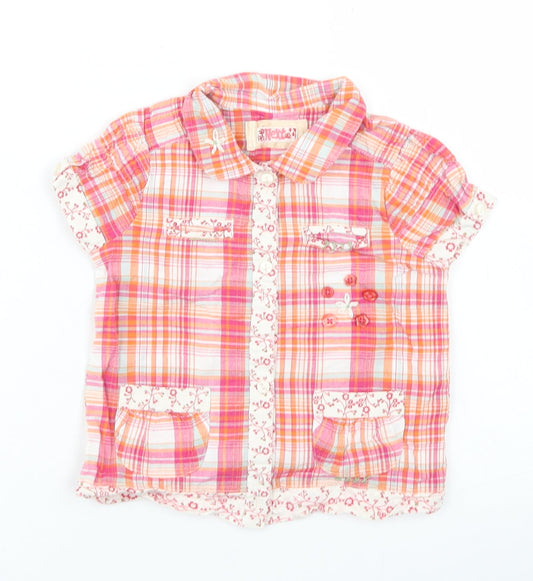 NEXT Girls Pink Plaid Cotton Basic Button-Up Size 9-12 Months Collared Button