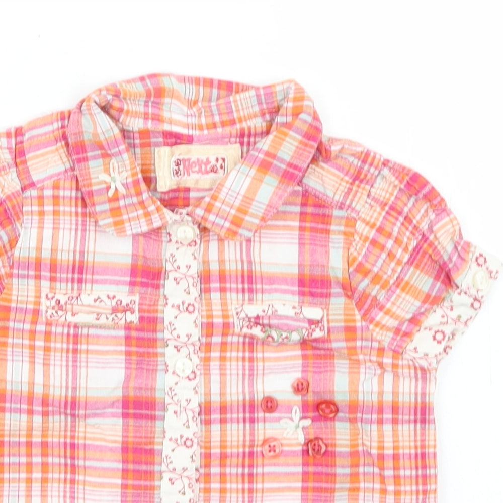 NEXT Girls Pink Plaid Cotton Basic Button-Up Size 9-12 Months Collared Button