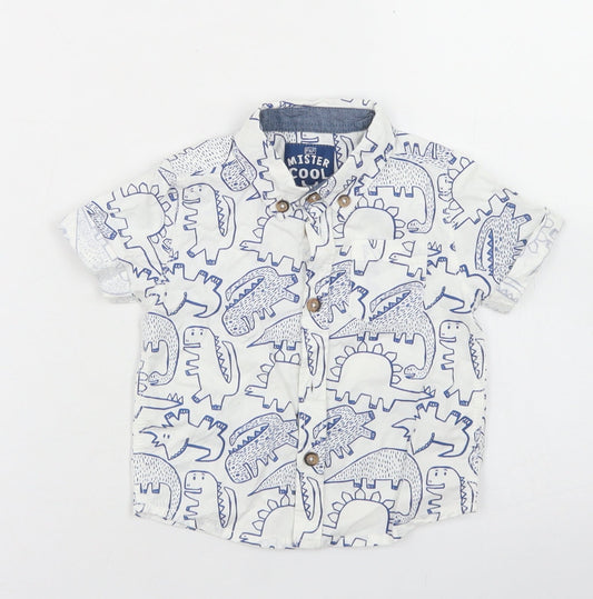 F&F Boys White Spotted Cotton Basic Button-Up Size 6-9 Months Collared Button - Dinosaur Print
