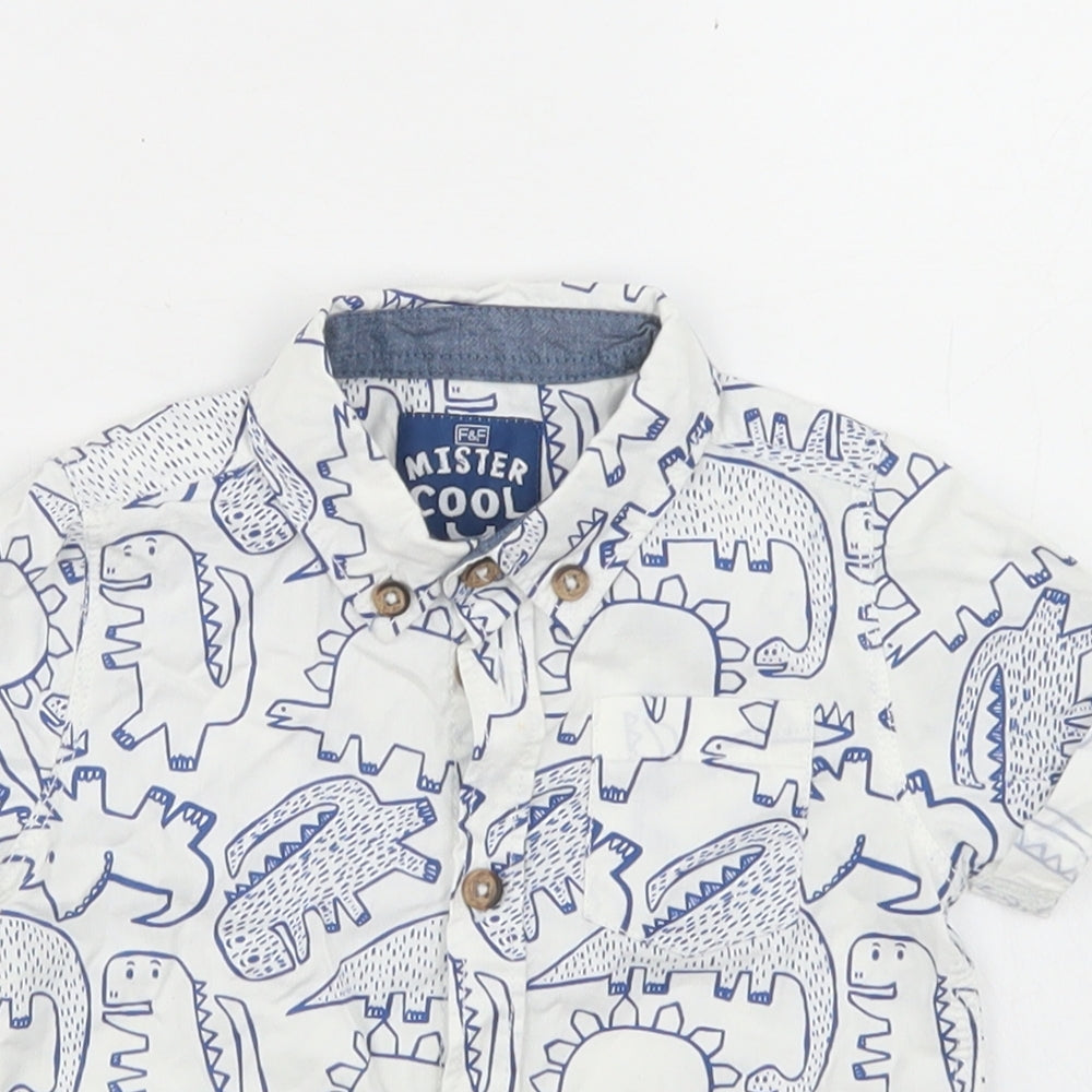 F&F Boys White Spotted Cotton Basic Button-Up Size 6-9 Months Collared Button - Dinosaur Print