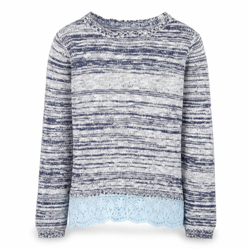 YD Girls Blue Crew Neck Striped Acrylic Pullover Jumper Size 8-9 Years  Snap - Lace Trim
