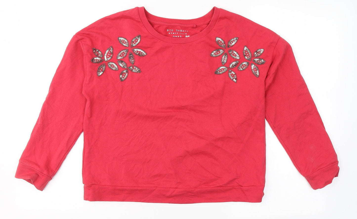 NEXT Girls Red Round Neck  Cotton Pullover Jumper Size 11 Years   - Flowers