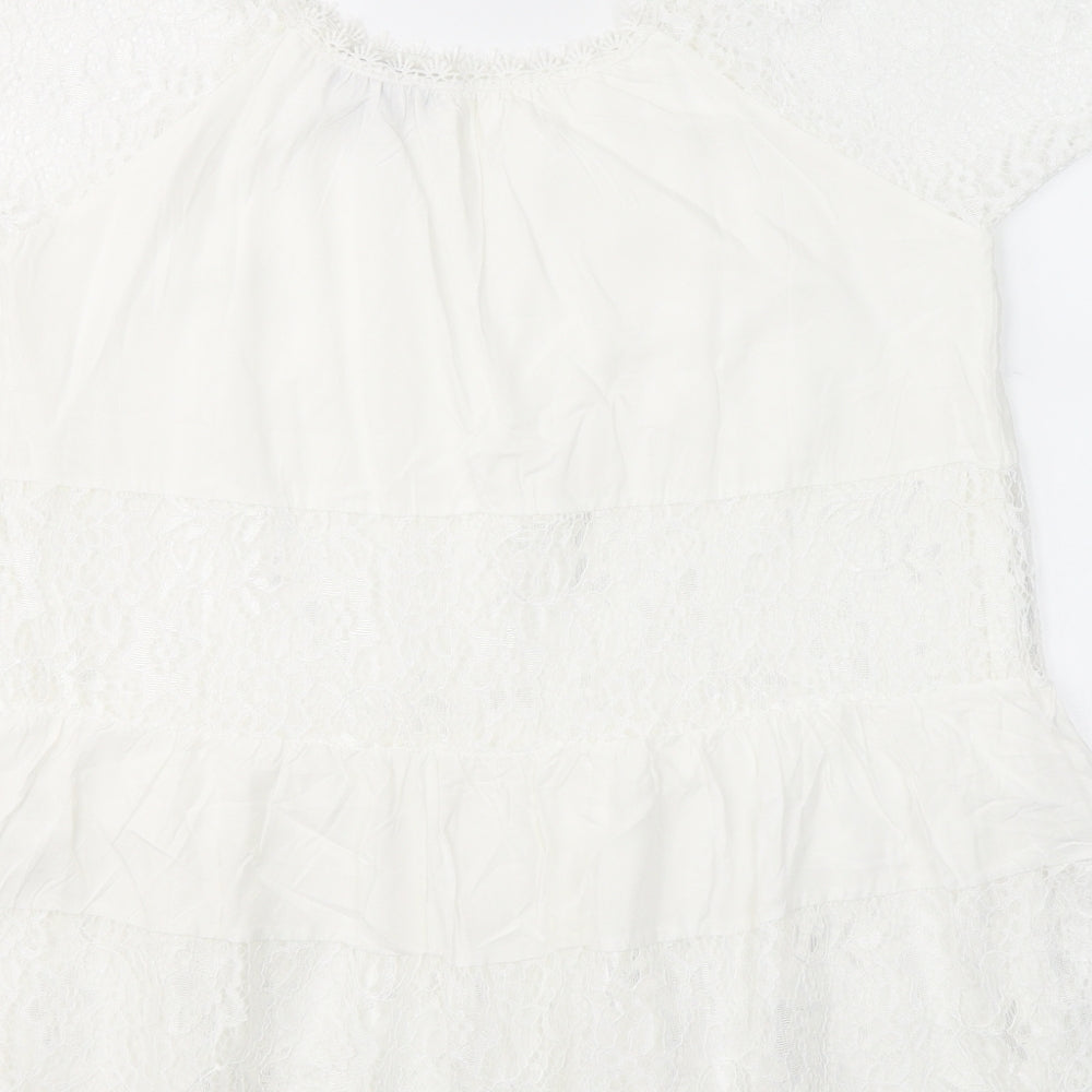 QED London Womens White  Cotton Basic Blouse Size S Round Neck - Open Shoulder
