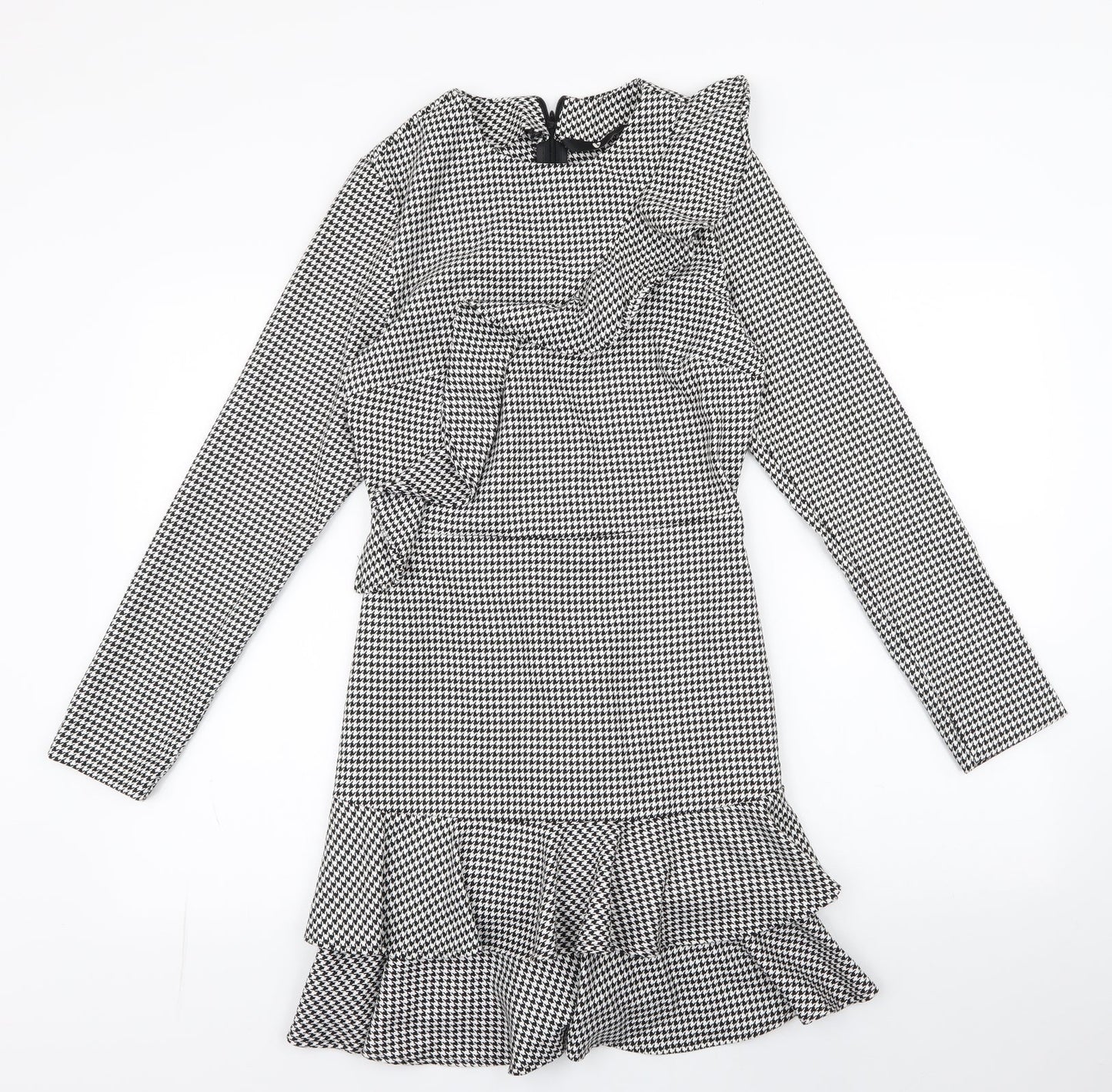 Very Womens White Houndstooth Polyester Fit & Flare  Size 8  Round Neck Zip - Ruffle Detail