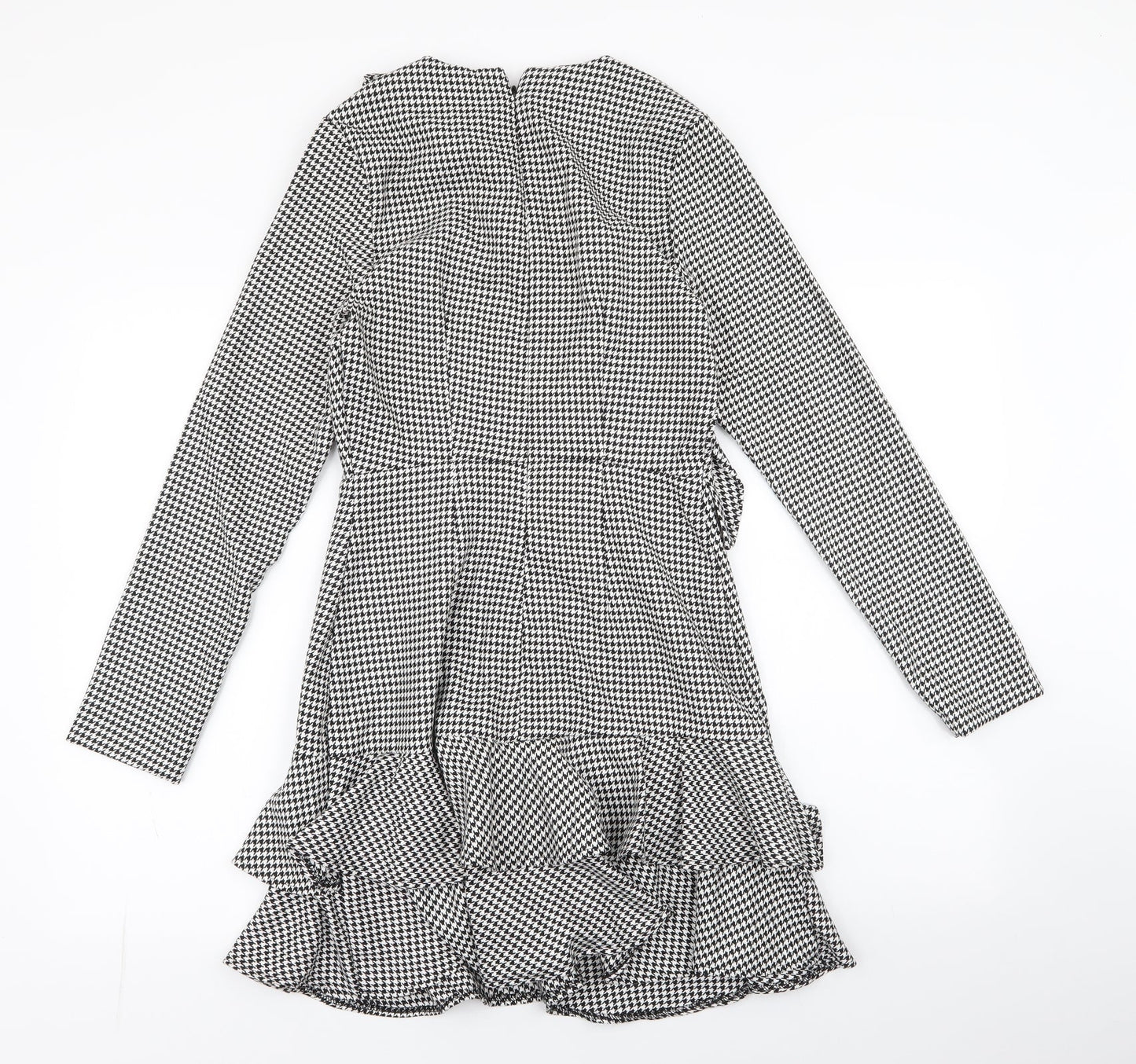 Very Womens White Houndstooth Polyester Fit & Flare  Size 8  Round Neck Zip - Ruffle Detail