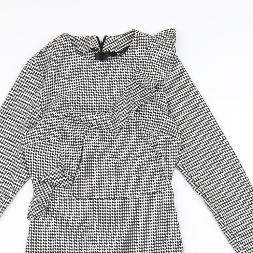 Very Womens White Houndstooth Polyester Fit & Flare  Size 8  Round Neck Zip - Ruffle Detail