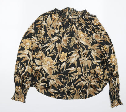 Preloved H&M Womens Brown Floral Polyester Basic Blouse Size 6 Round Neck - Front