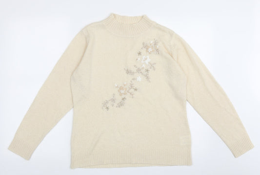 EWM Womens Beige High Neck Floral Acrylic Pullover Jumper Size M