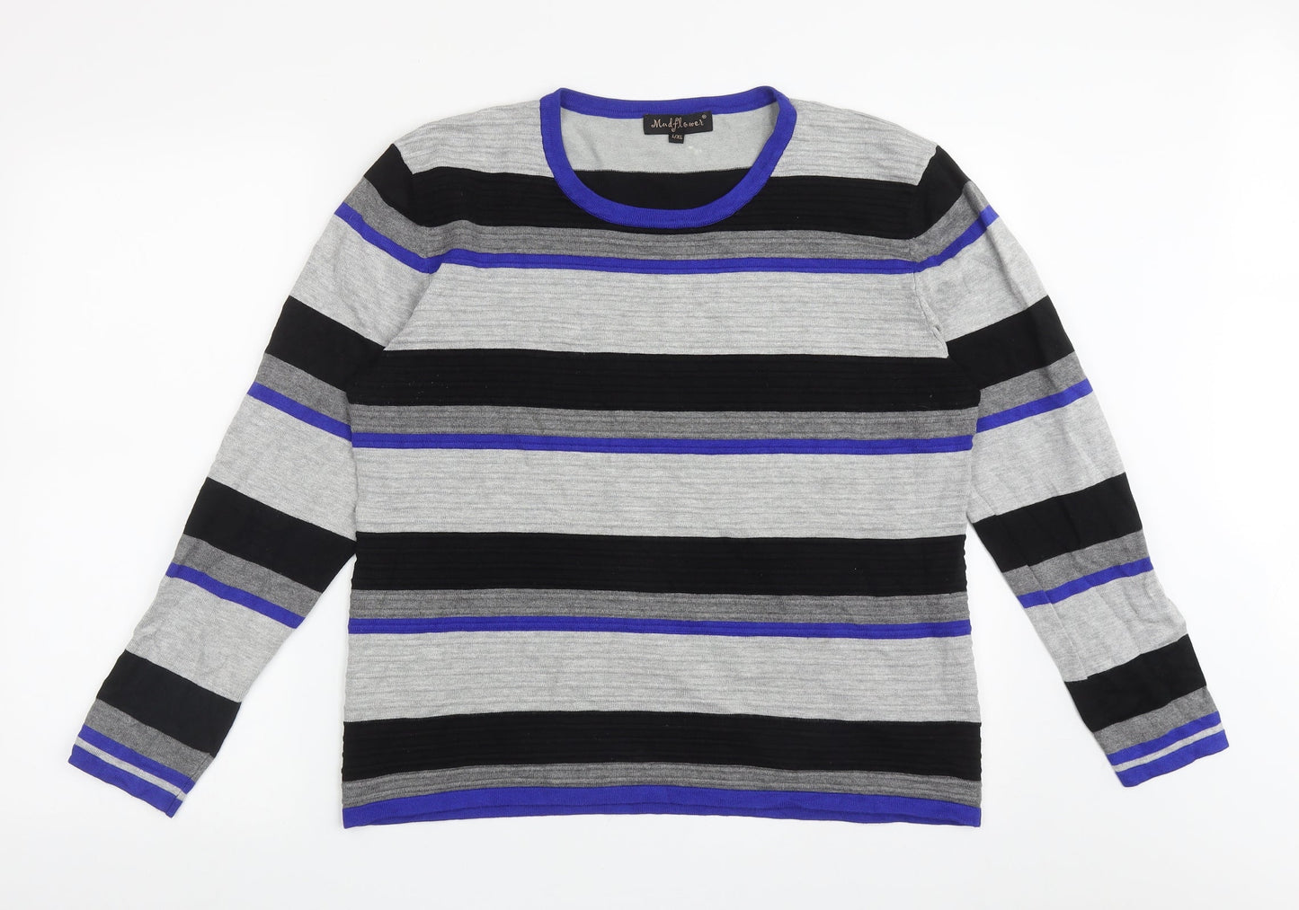 Mud Flowers Womens Grey Crew Neck Striped Viscose Pullover Jumper Size L