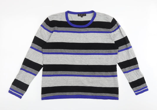 Mud Flowers Womens Grey Crew Neck Striped Viscose Pullover Jumper Size L