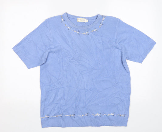 Bonmarché Womens Blue Round Neck Floral Acrylic Pullover Jumper Size L
