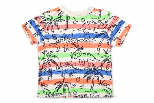 F&F Boys Multicoloured Striped Cotton Basic T-Shirt Size 12-18 Months Round Neck  - Dinosaurs