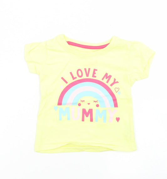 Primark Girls Yellow  Cotton Basic T-Shirt Size 9-12 Months Crew Neck  - Rainbow
