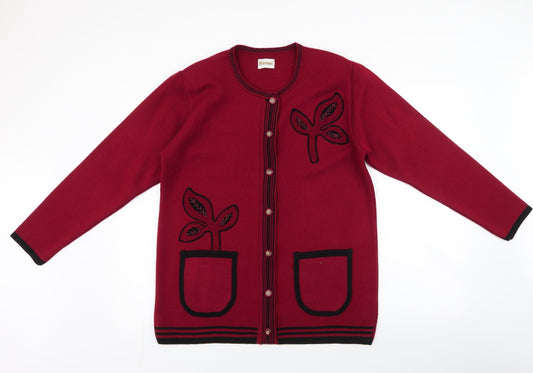 Roman Originals Womens Red Round Neck Floral Acrylic Cardigan Jumper Size S