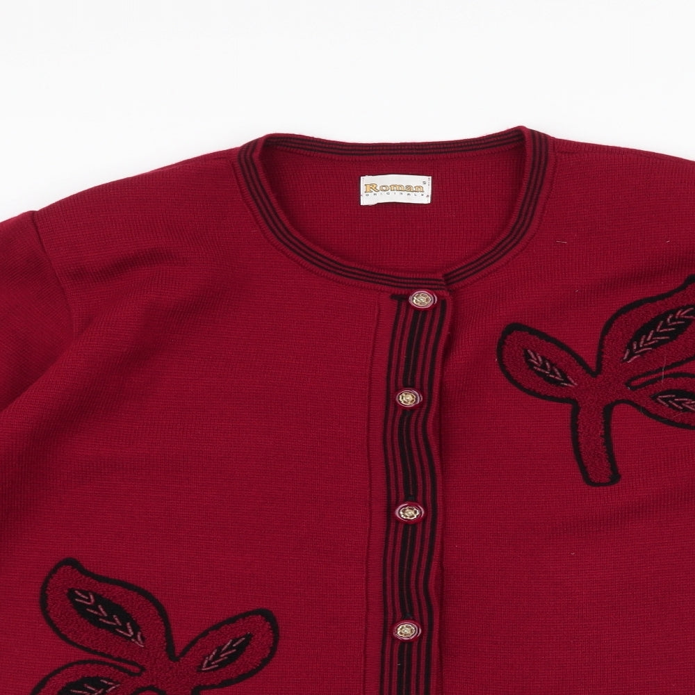 Roman Originals Womens Red Round Neck Floral Acrylic Cardigan Jumper Size S