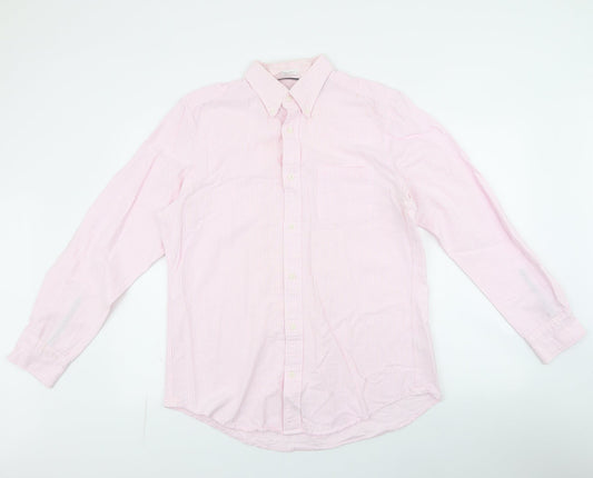 John Lewis Mens Pink Striped Polyester  Button-Up Size L Collared Button