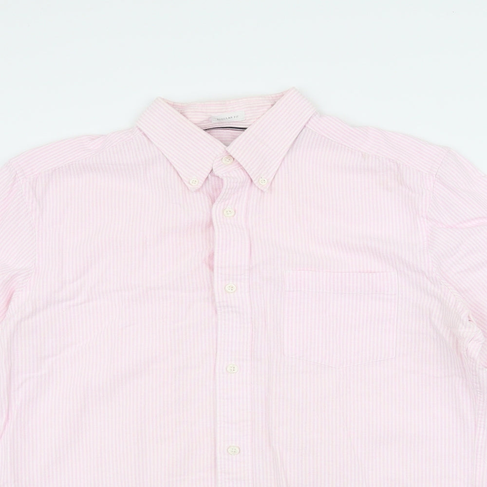 John Lewis Mens Pink Striped Polyester  Button-Up Size L Collared Button